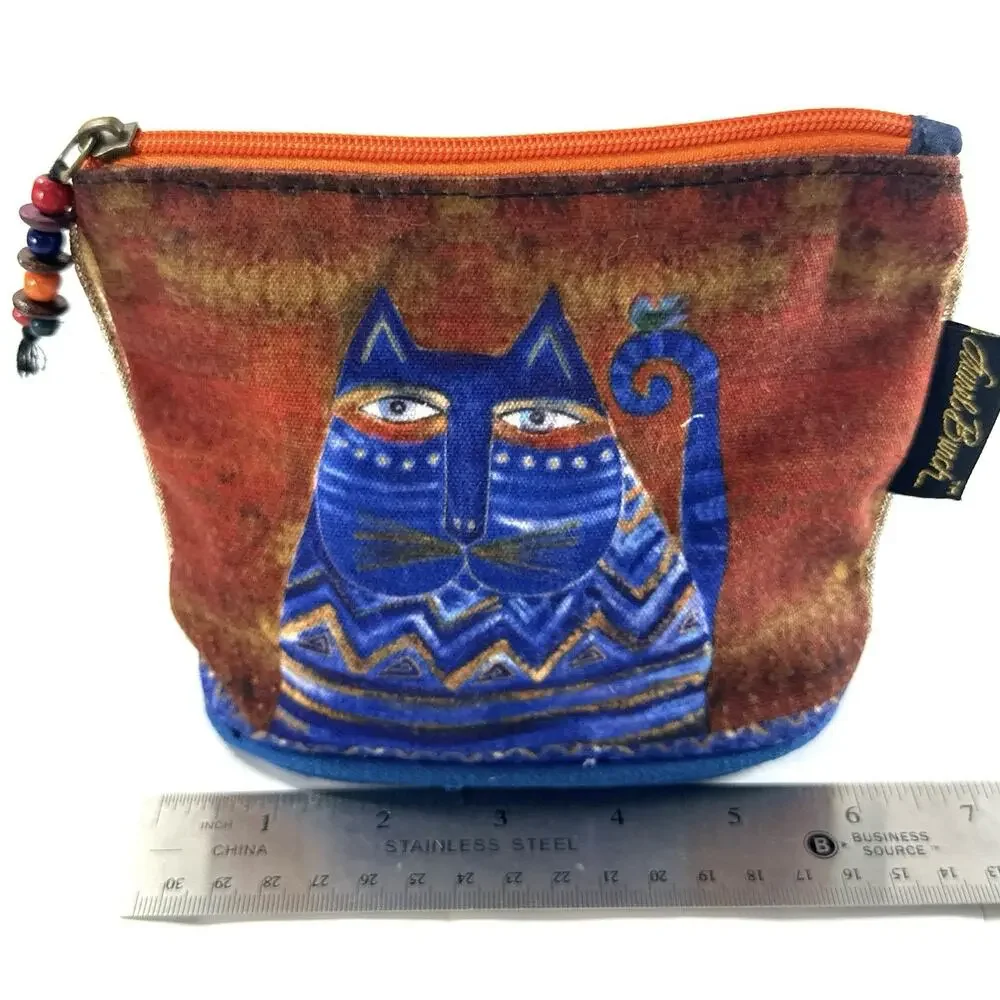 Laurel Burch Blue Cat Cosmetic Bag Zipper Pouch Cotton Canvas Makeup Coin Purse